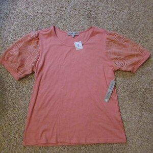 NWT Absolutely Famous XL Coral Chiffon Floral Sleeves Ribbed Knit Shirt Stretch